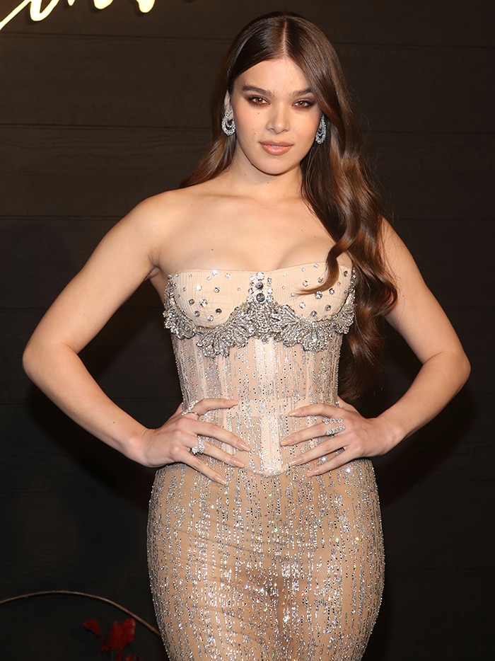 With Swarovski crystals scattered across the transparent uppers, Hailee’s Degrastrass pumps added texture and light without distracting from the dress’s sheer corseted bodice