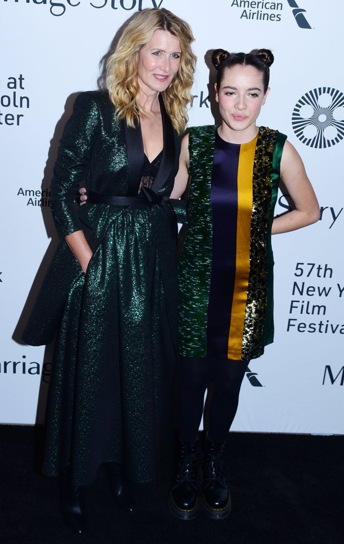 Laura Dern attends the Marriage Story premiere alongside her daughter Jaya Harper wearing a shimmering Elie Saab Resort 2020 ensemble styled with black lace-up boots
