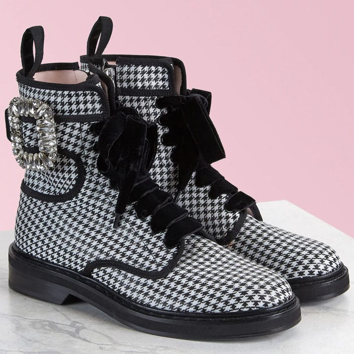 Roger Vivier ‘Viv’ Rangers’ ankle boots in black-and-white houndstooth, finished with velvet laces, a crystal-embellished buckle, and a chunky rubber sole