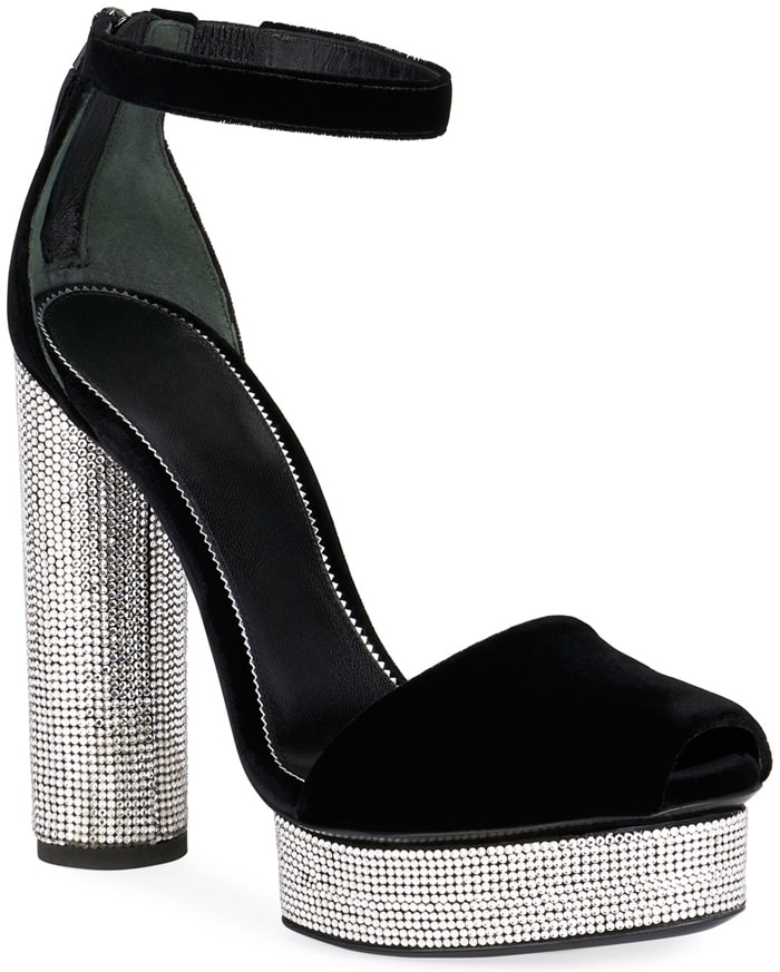 Tom Ford Crystal-Embellished Velvet Platform Sandals ($3,290), crafted in Italy with a black velvet upper, ankle strap, and dazzling rhinestone-covered heel and platform—adding height and Hollywood sparkle to Jennifer Lopez’s Governors Awards look
