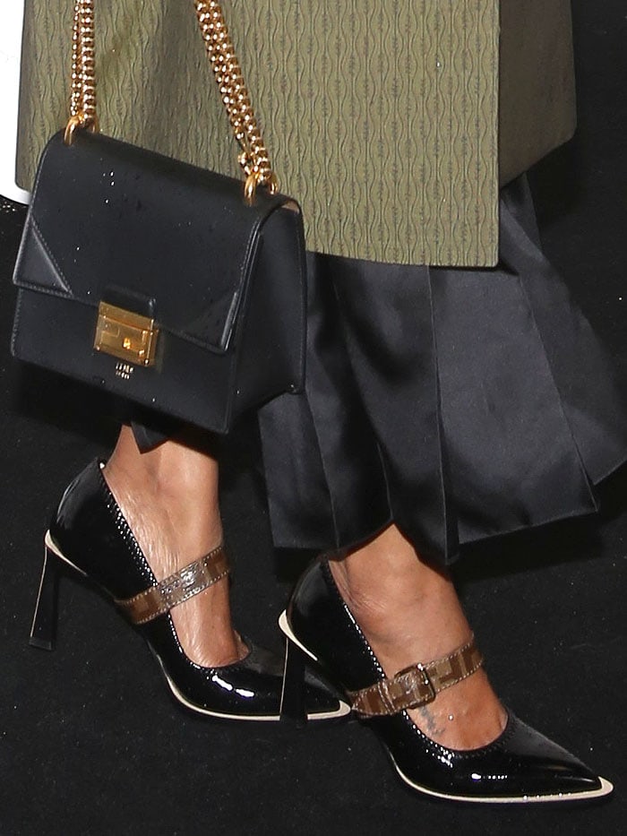 Zoe Saldaña's tattooed feet in Fendi black-patent neoprene Mary-Jane pumps