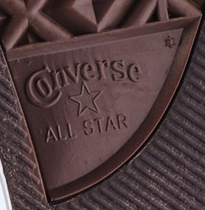 Close-up of the Converse Chuck Taylor All Star outsole showing the embossed “CONVERSE ALL STAR” logo and signature star detail