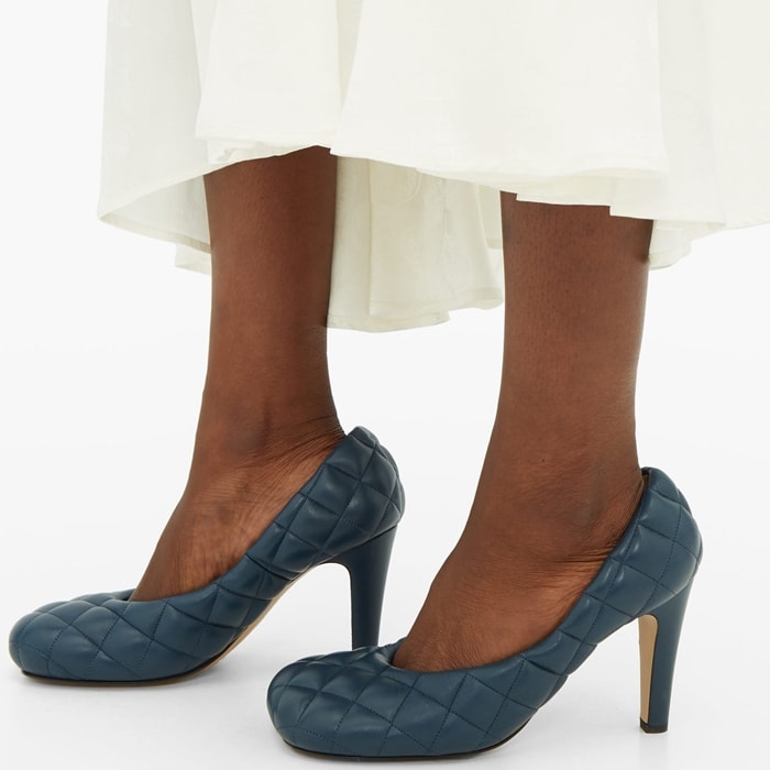 These quilted leather pumps are made in Italy to an exaggerated square-toe silhouette that rests on a high heel