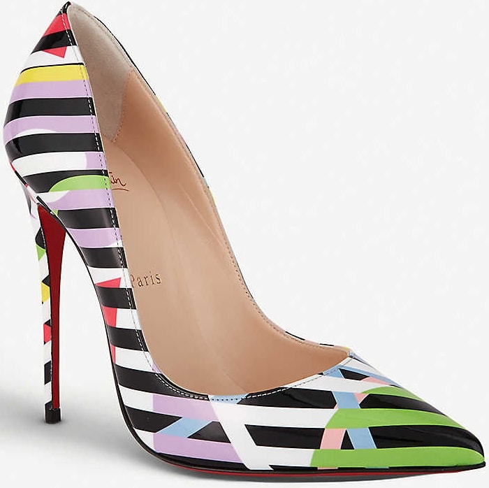 Christian Louboutin’s So Kate 120 patent leather pumps feature the bold Cinestripes pattern, combining razor-sharp stilettos with vibrant, graphic color blocking