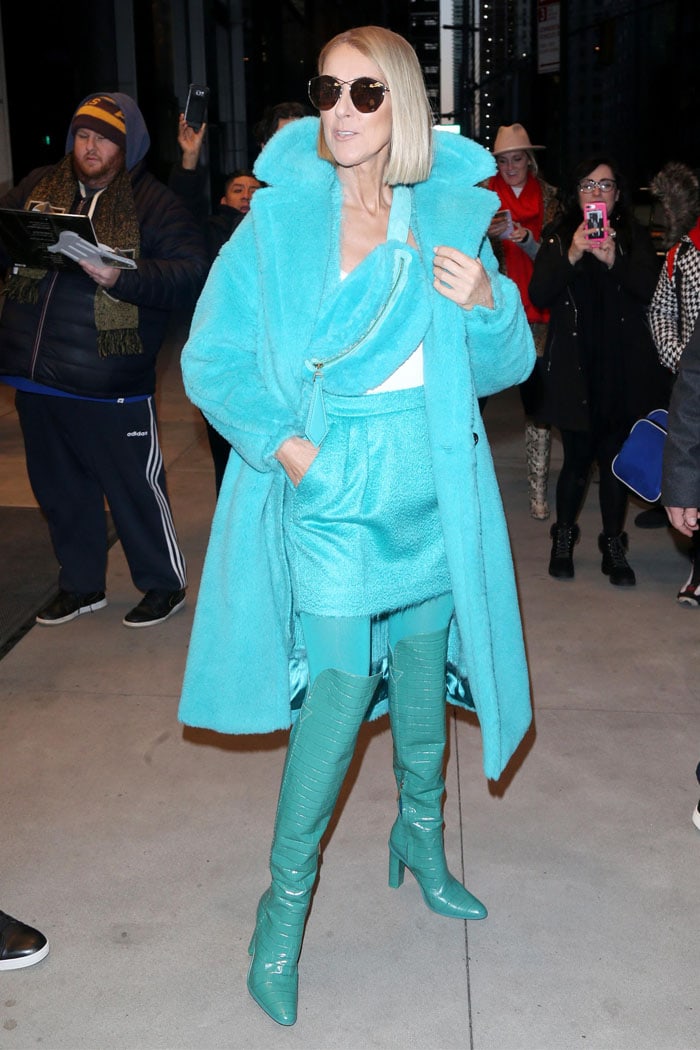 Celine Dion styles turquoise croc-embossed Max Mara thigh-high boots with matching tights and outerwear