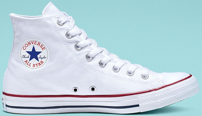 Authentic Converse Chuck Taylor All Star high-top sneaker featuring the classic navy star ankle patch on white canvas