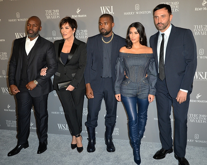 Corey Gamble, Kris Jenner, Kanye West, Kim Kardashian and Riccardo Tisci pose together at the WSJ Innovator Awards in New York City