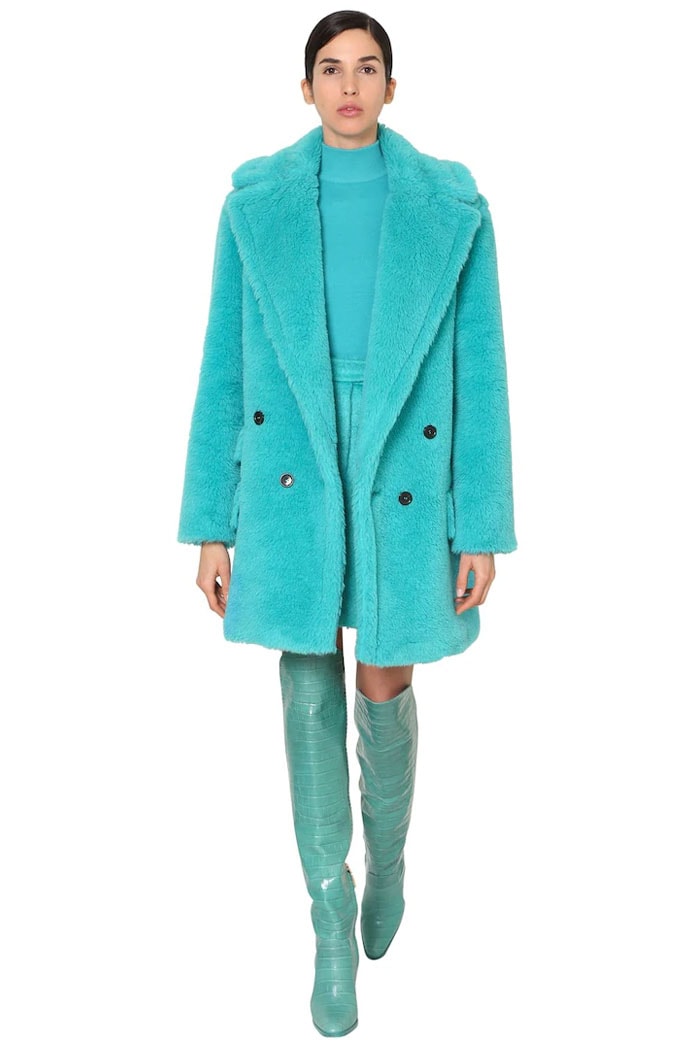 Max Mara Fall 2019 turquoise coat styled with matching croc-embossed Beboot thigh-high boots