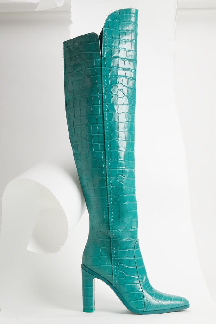 Max Mara Beboot turquoise croc-embossed leather thigh-high boot with pointed toe and block heel