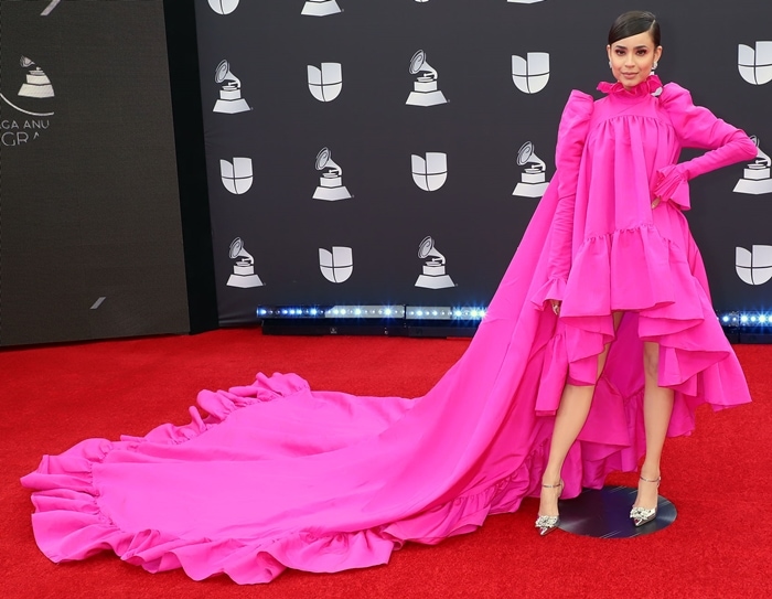 Sofia Carson turned heads at the 2019 Latin GRAMMY Awards in a dramatic pink Giambattista Valli Spring 2019 Haute Couture gown paired with sparkling buckled Roger Vivier slingback pumps