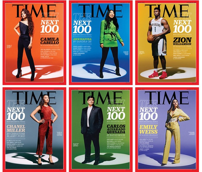 The six debut covers of TIME’s inaugural TIME 100 Next issue spotlight rising figures across entertainment, business, politics, and sports, including Camila Cabello, Awkwafina, Zion Williamson, Chanel Miller, Carlos Alvarado Quesada, and Emily Weiss