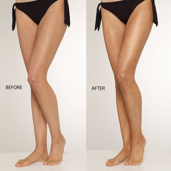 A before-and-after comparison illustrates the subtle, light-reflecting finish achieved with a leg-enhancing body treatment designed to smooth and warm skin tone