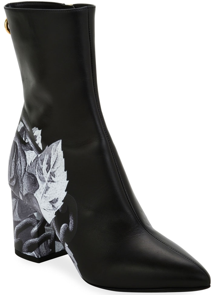 Valentino’s Ringstud Undercover booties place a monochrome rose print across the heel for a graphic contrast