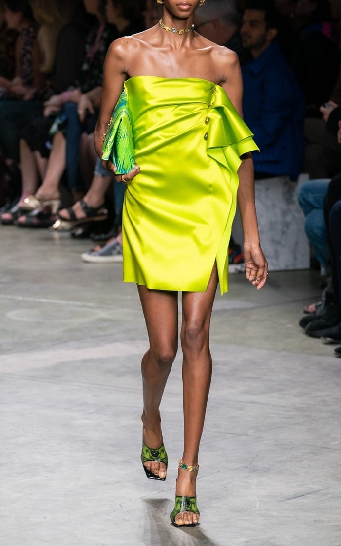 Versace Spring Summer 2020 strapless neon green satin mini dress with ruffle detail