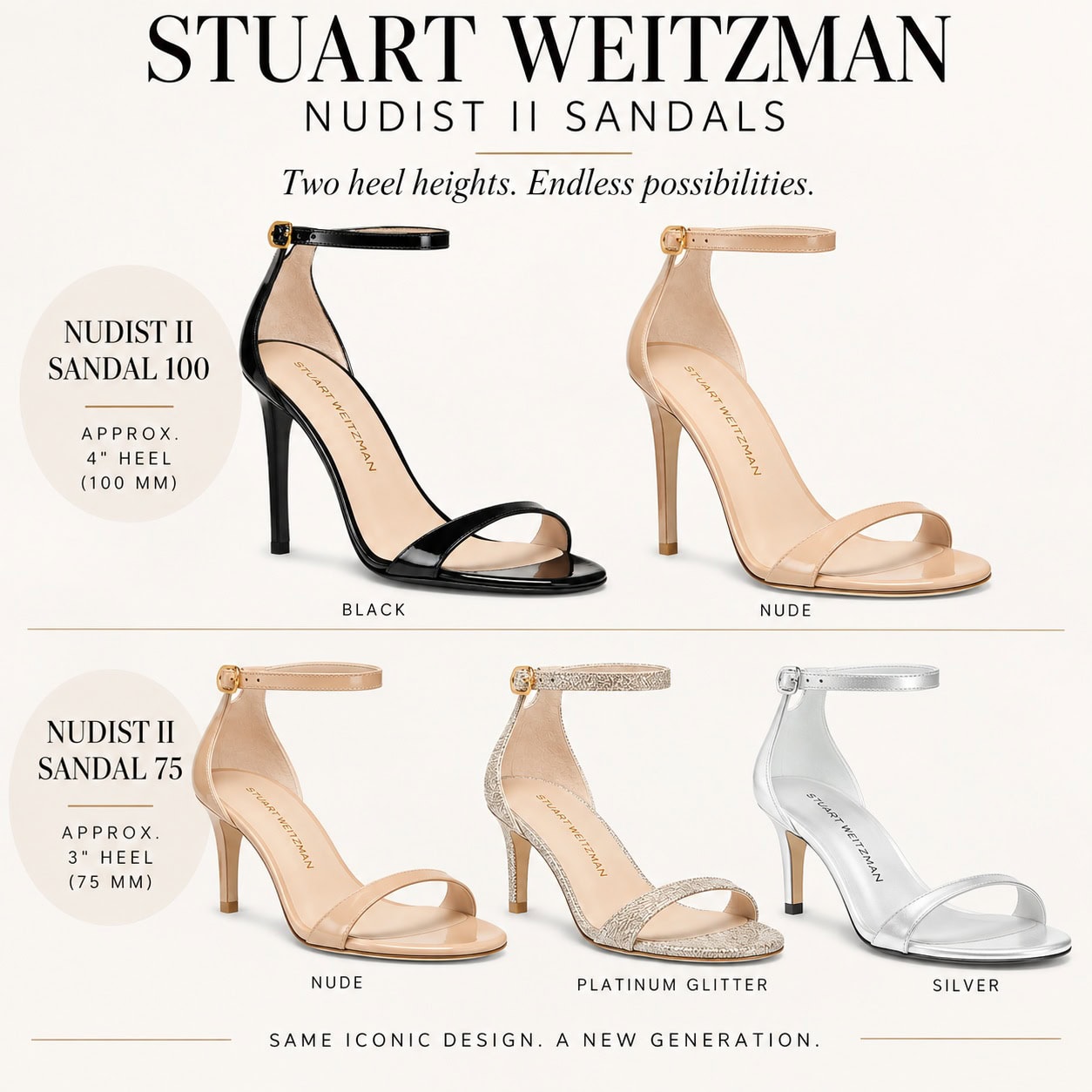 Comparison of Stuart Weitzman Nudist II sandals showing the higher 100 mm version in black and nude alongside the lower 75 mm version in nude, platinum glitter, and silver