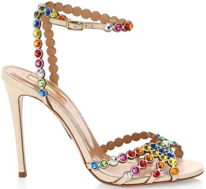 Dazzling rainbow crystals add shimmer to alluring leather stilettos