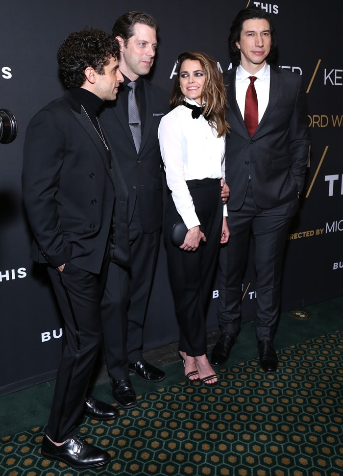 Brandon Uranowitz, David Furr, Keri Russell, and Adam Driver at the opening night party for Burn This at the Hudson Theatre in New York City on April 15, 2019, with Russell in black strappy heels and tailored separates