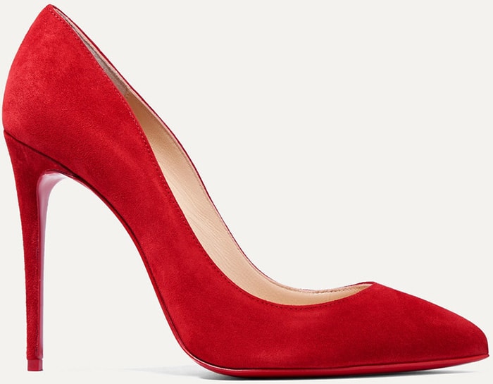 The Christian Louboutin Pigalle Follies pump pairs a sharply pointed toe with a sleek 100mm stiletto heel, a silhouette that has remained one of the brand's most enduring red-carpet staples