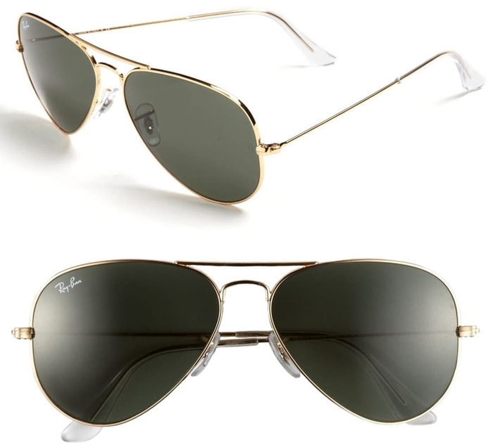 Classic Ray-Ban aviator sunglasses make a timeless and sophisticated style statement, while adjustable nose pads ensure custom comfort