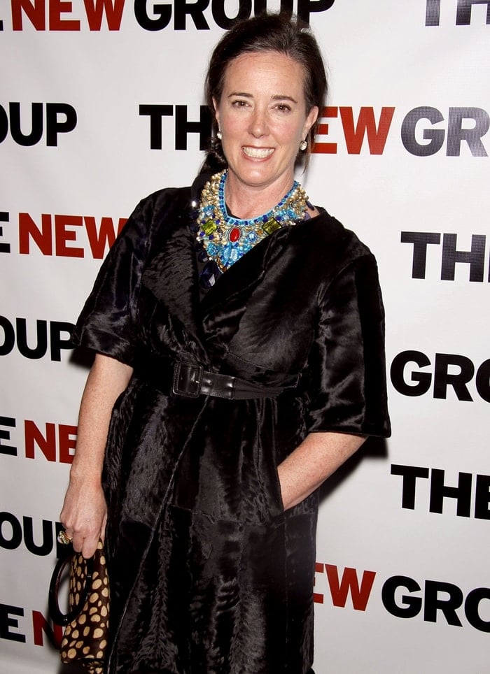 Kate Spade attends The New Group’s annual gala in New York City, showcasing her signature playful sophistication with a statement necklace and a chic black wrap coat