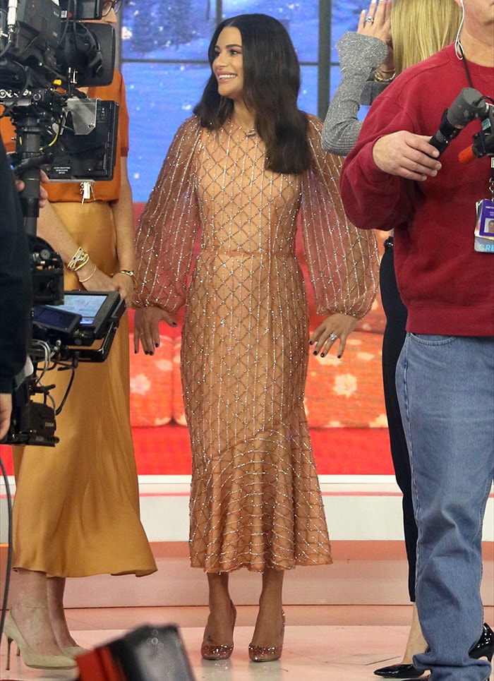 Lea Michele in a Markarian dress on the Today Show on December 3, 2019