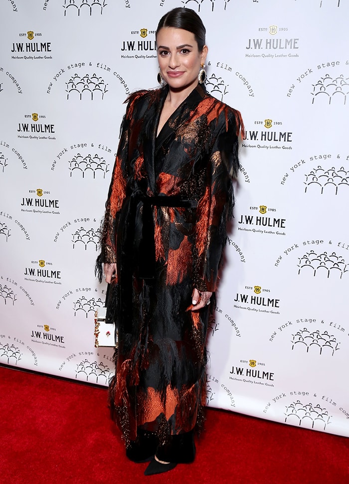 Lea Michele in a Markarian coat at the 2019 New York Stage and Film Winter Gala held at the Ziegfeld Ballroom on December 8, 2019
