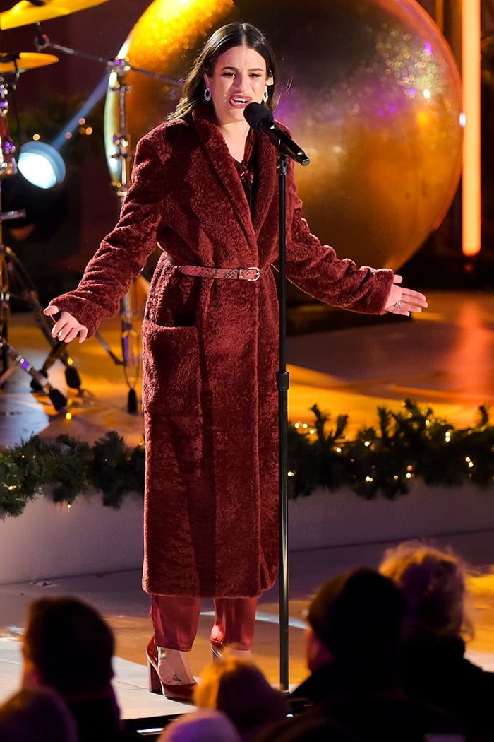 Lea Michele in Sally LaPointe oxblood outfit at the 87th Annual Rockefeller Center Christmas Tree Lighting Ceremony on December 4, 2019