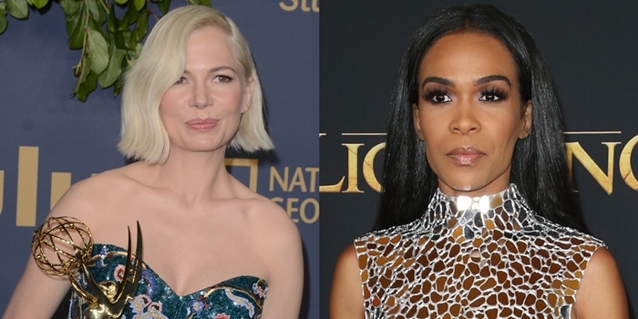 Actress Michelle Williams and singer Michelle Williams—two stars who share a name but not a style—showcase their distinct red-carpet personas, one in minimalist elegance and the other in high-glam metallic drama