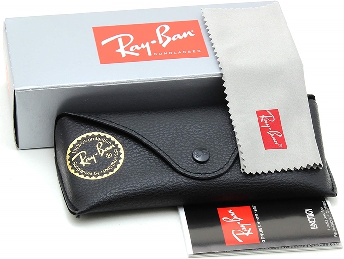 Authentic Ray-Ban sunglasses are packaged with a branded protective case, microfiber cleaning cloth, and official documentation, all key indicators of a genuine pair