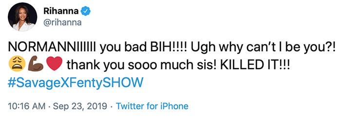 Rihanna praises Normani's performance in the Savage X Fenty show on social media