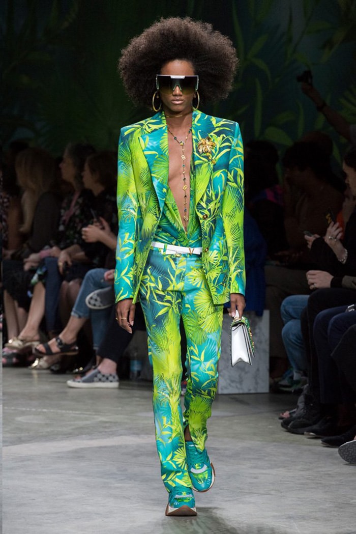 Versace’s Spring/Summer 2020 runway revisited the fashion house’s famous green jungle print in sharply tailored suiting with vivid tropical foliage