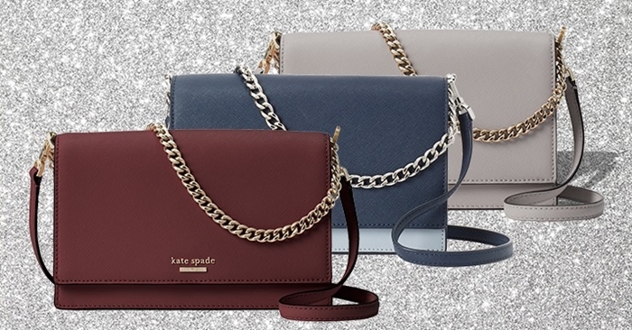 Kate Spade’s sleek crossbody bags in rich burgundy, navy, and dove gray — each accented with a signature gold-tone chain strap that balances modern polish with everyday ease