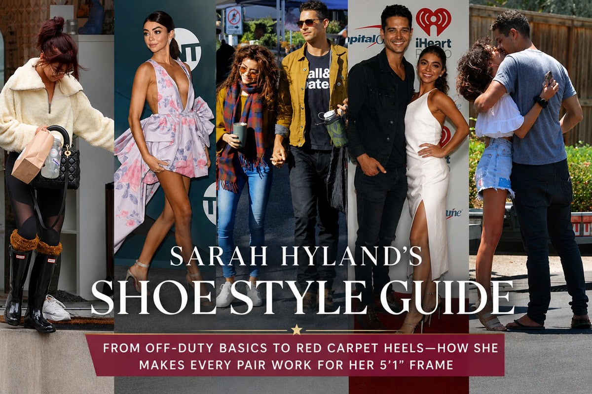 ollage of Sarah Hyland wearing Hunter boots, Louboutin sandals, sneakers, and Sol Sana slides showcasing footwear styling for a 5'1 frame