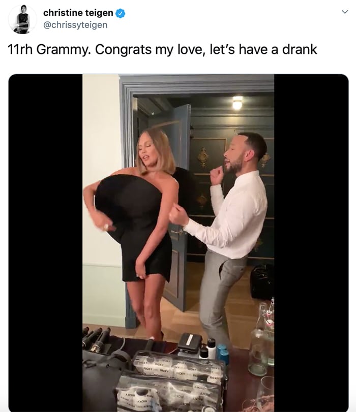 After the ceremony, the couple traded red-carpet drama for a more relaxed celebration, with Teigen changing into a little black dress while Legend pared back his look to a white shirt and gray trousers