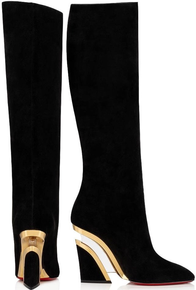 The black suede Christian Louboutin Levitibotta highlights the boot’s almond toe, sculptural wedge construction, clear Plexiglas heel insert, and signature red sole