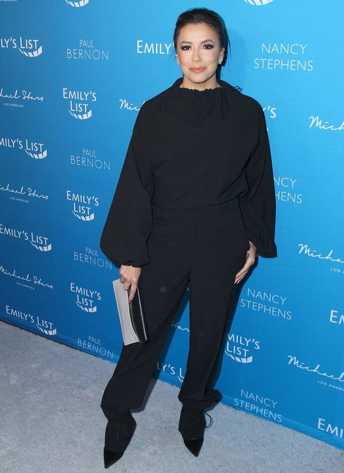 Eva Longoria wore a black CRK x Vimmia parachute top with matching pants for EMILY’s List Brunch “Defining Women” Panel Discussion