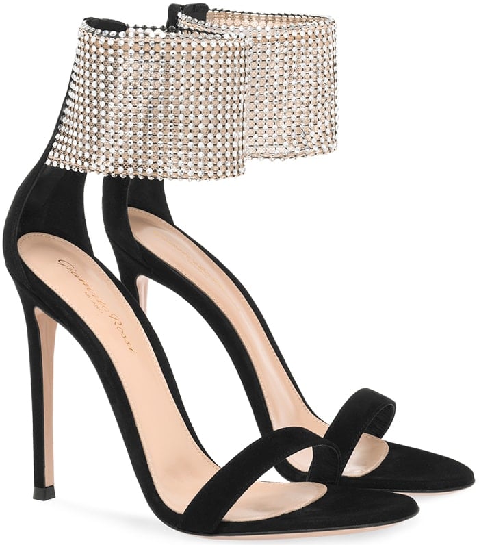 Gianvito Rossi's 'Adore' sandals combine slender black suede straps with shimmering crystal mesh ankle cuffs for a striking contrast between minimalism and glamour