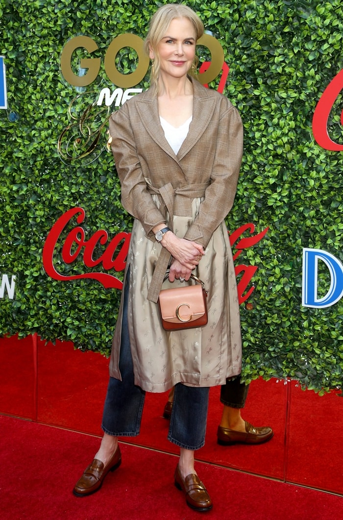 Nicole Kidman switches from evening stilettos to brown leather loafers, layered denim, and a Chloé Spring 2020 ensemble for the 2020 Gold Meets Golden brunch