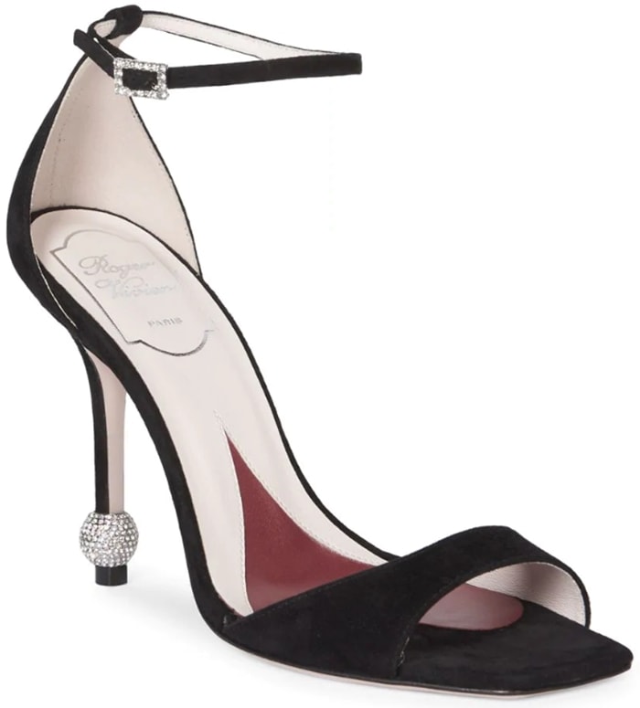 Black suede Roger Vivier I Love Vivier sandal with crystal buckle and jeweled sphere heel