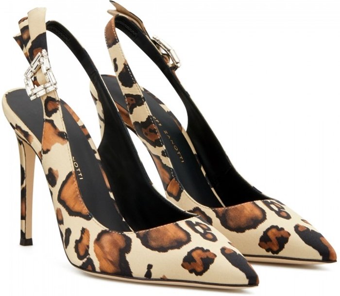 The Giuseppe Zanotti Samia pumps pair a classic pointed-toe stiletto with leopard-print silk and a crystal-embellished slingback strap, adding a jewelry-like finish to a sleek, leg-lengthening silhouette