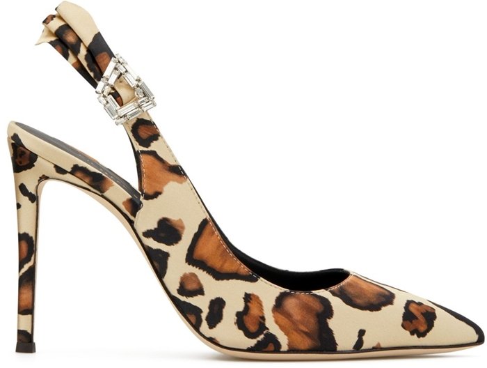 The Giuseppe Zanotti Samia pumps pair a classic pointed-toe stiletto with leopard-print silk and a crystal-embellished slingback strap, adding a jewelry-like finish to a sleek, leg-lengthening silhouette