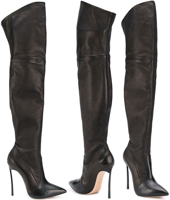 Black leather blade thigh-high boots from Casadei featuring a pointed toe, a thigh high style, stitched panels, a stretch fit and a signature stainless steel 'blade' high stiletto heel