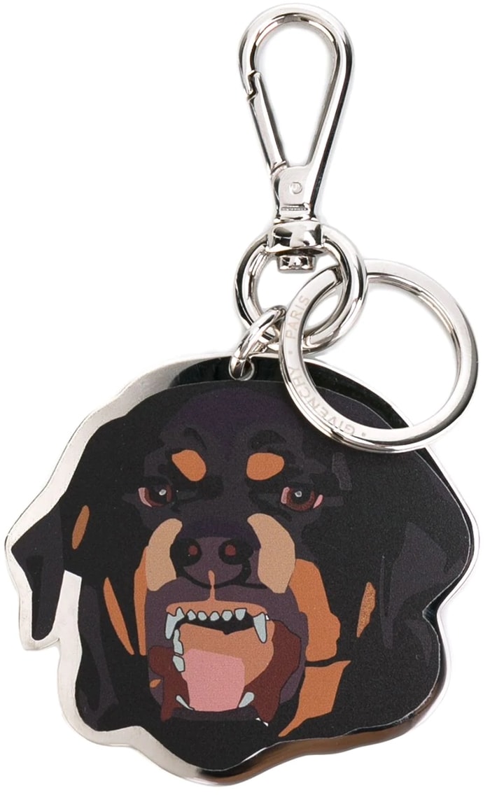 Givenchy’s multicolored Rottweiler-inspired dog keyring turned a functional everyday accessory into a playful statement piece with graphic bite and luxury hardware detailing
