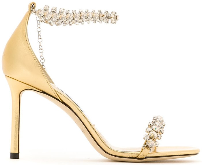 Jimmy Choo's Shiloh 85 sandals combine a metallic leather base with jewel-encrusted straps for an evening-ready finish