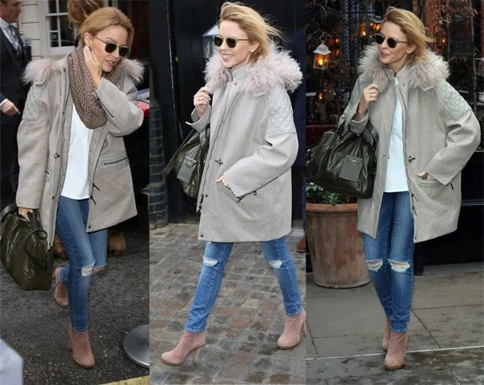 Kylie Minogue keeps cozy and chic by pairing distressed skinny jeans with blush suede ankle boots and a fur-trimmed parka—perfect for stylish cold-weather errands