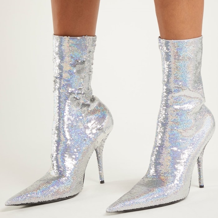 Balenciaga Knife silver sequin sock booties with elongated pointed toes and high stiletto heels