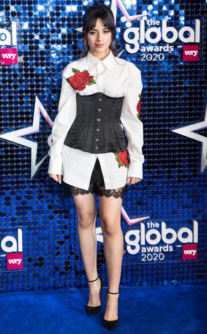 Camila Cabello wears black Christian Louboutin Uptown ankle-strap pumps with her Dolce Gabbana Fall 2020 look at the Global Awards in London