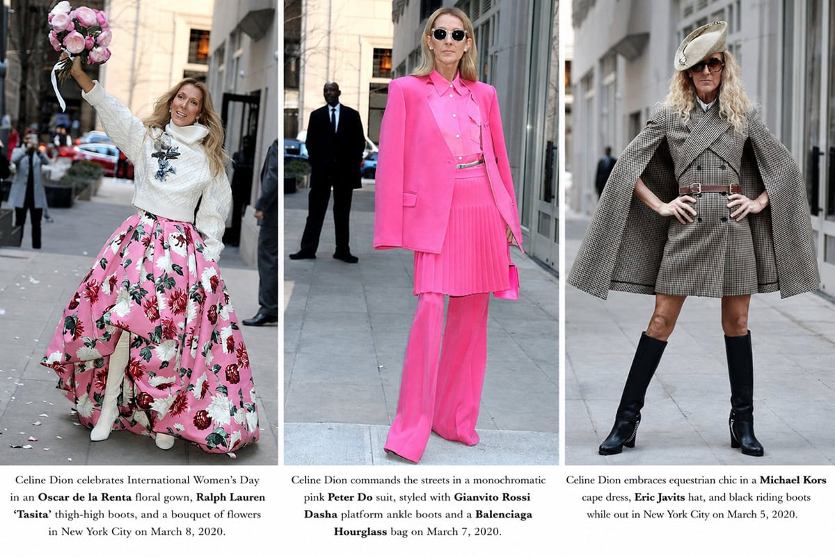 Celine Dion New York fashion week March 2020 outfits featuring Ralph Lauren Tasita boots, Gianvito Rossi Dasha platform boots, and Michael Kors riding boots
