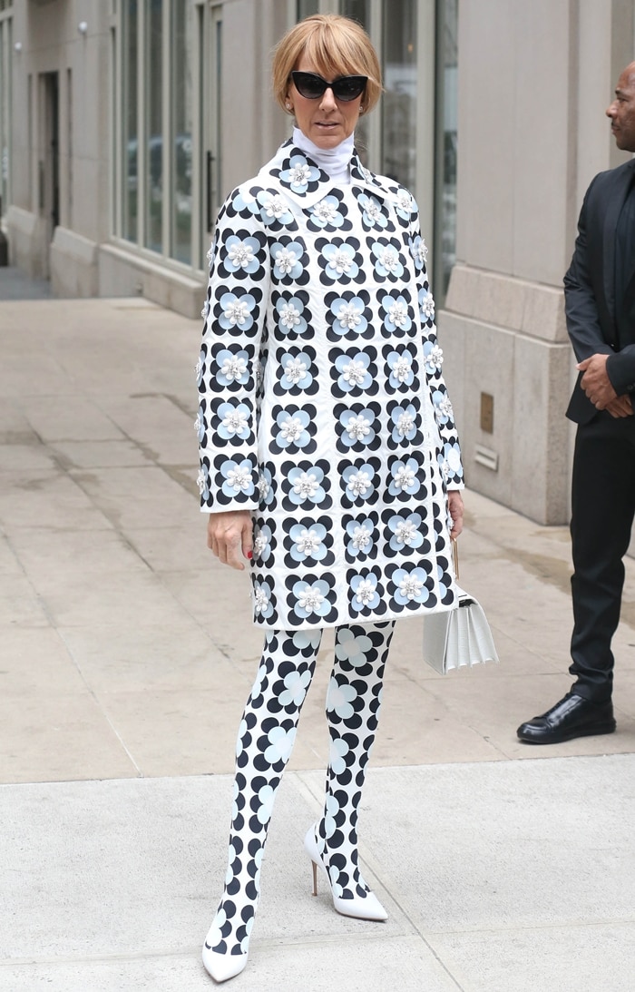 Swarovski crystal-centered floral appliqués add dimension to Dion’s Richard Quinn coat, while Gianvito Rossi’s pointed-toe white pumps give the head-to-toe print a clean, sharply defined finish