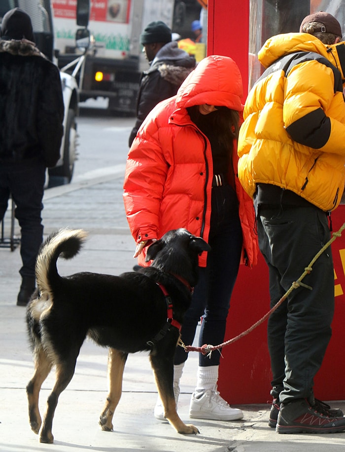 Emily Ratajkowski brightens a winter dog walk with a vivid red Ienki Ienki puffer, skinny jeans, and crisp white Nike Air Force 1 sneakers